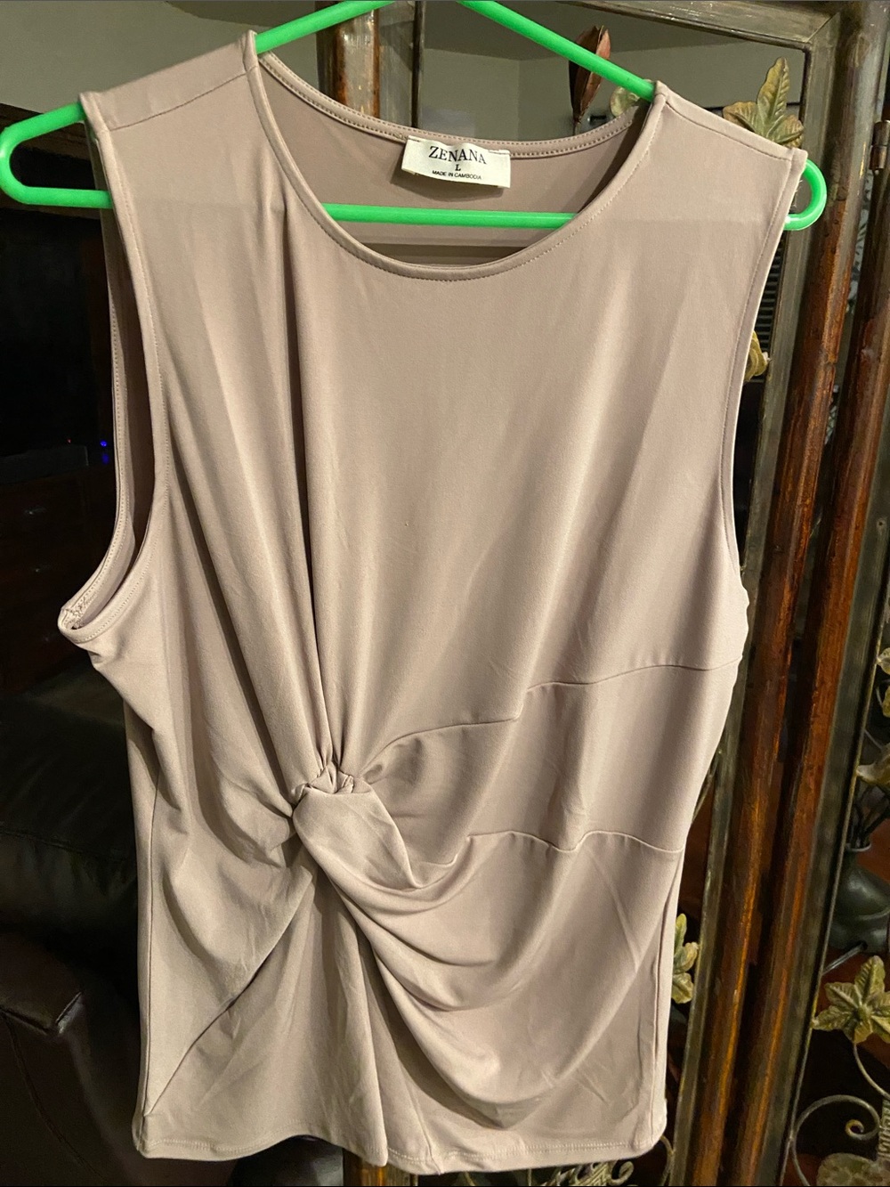 Zenana Outfitters Sleeveless Knot-Front Tank Top in Taupe